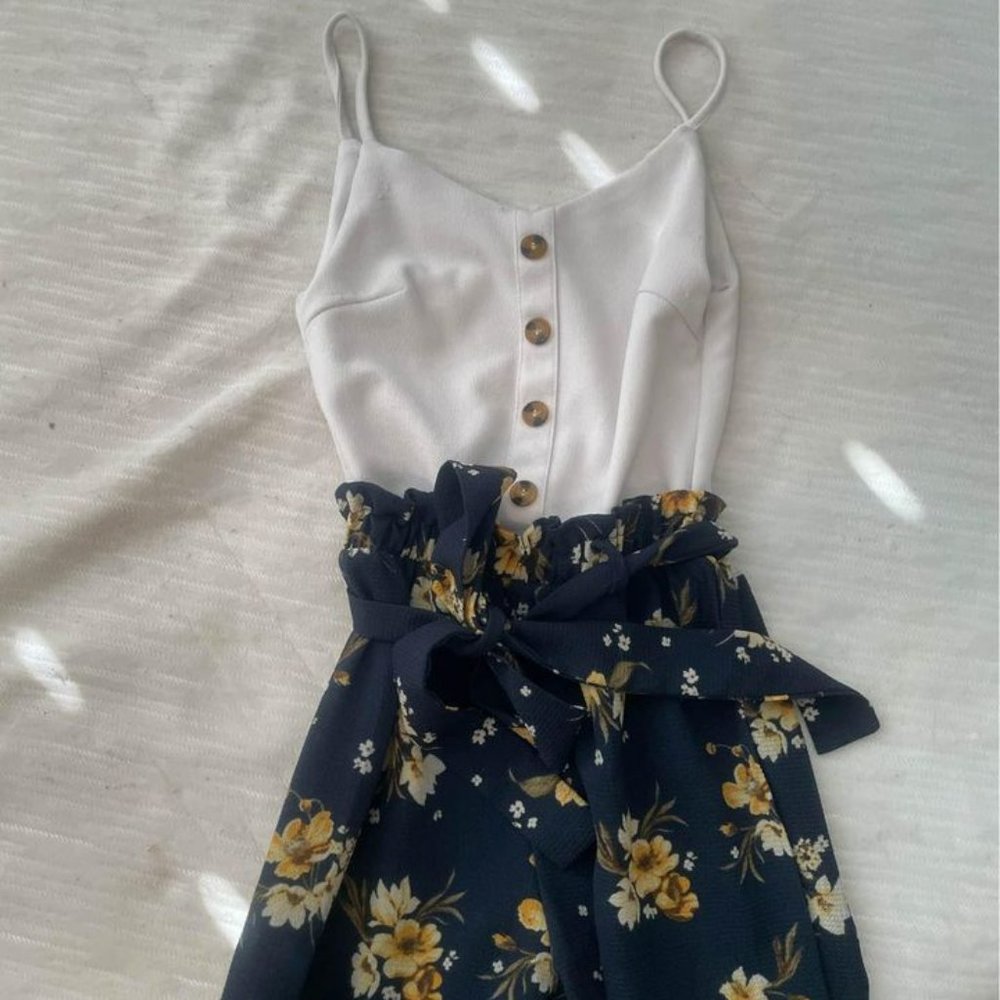 White And Blue Floral Jumpsuit - Size XXS
